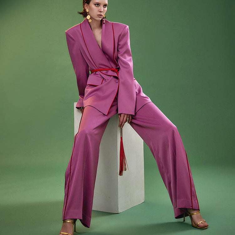 MBDTP010 缎纹拼色双扣夹克西装套装(夹克腰带套装)
