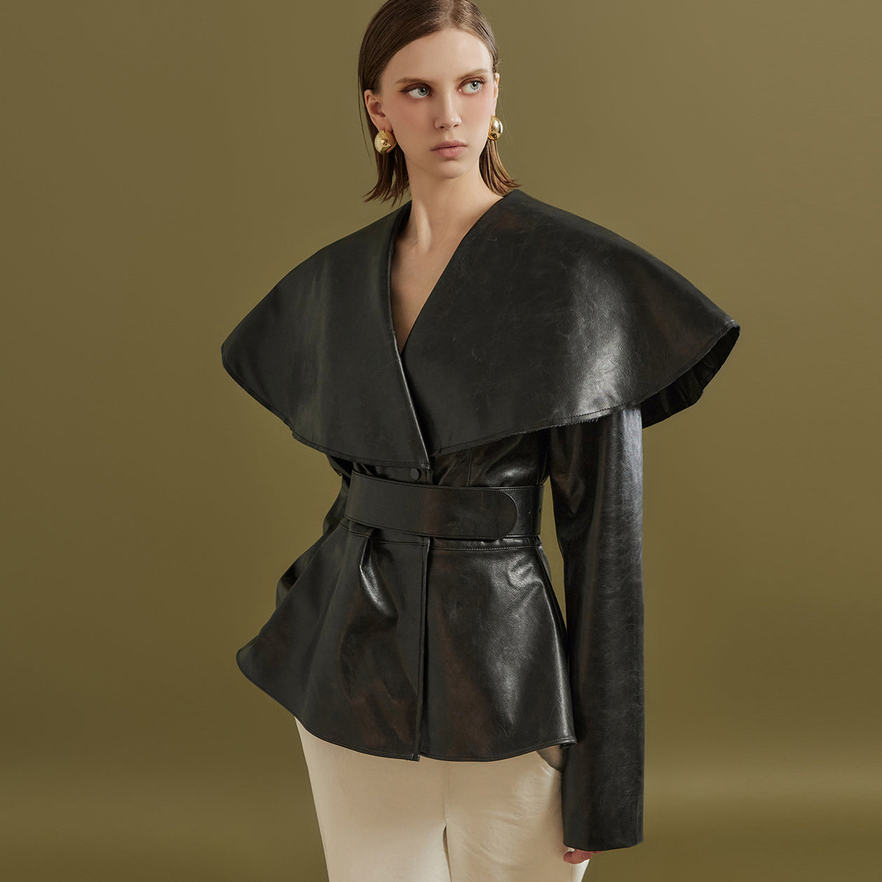 J9261 Leather Wide Shawl Collar Single Jacket(Belt Set)