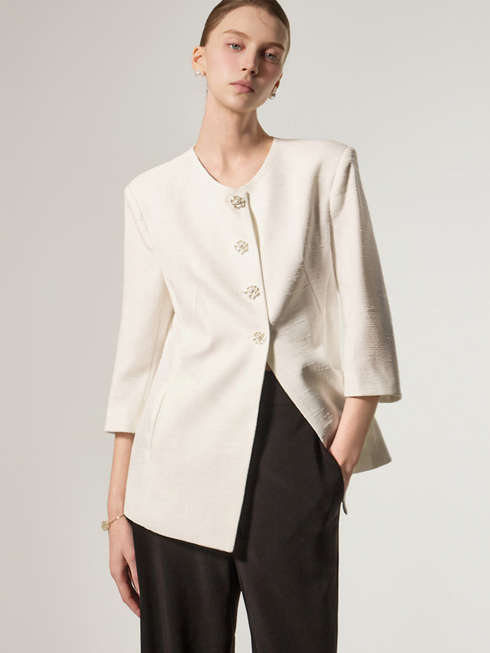 J3177 ノーカラーツイードジャケット