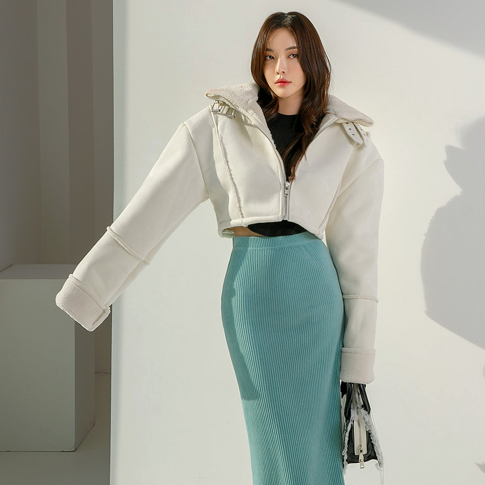 J1647 スエード ハイネック クロップ シアリング ジャケット