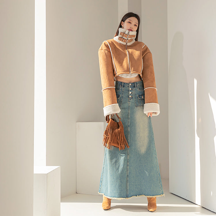 J1647 スエード ハイネック クロップ シアリング ジャケット