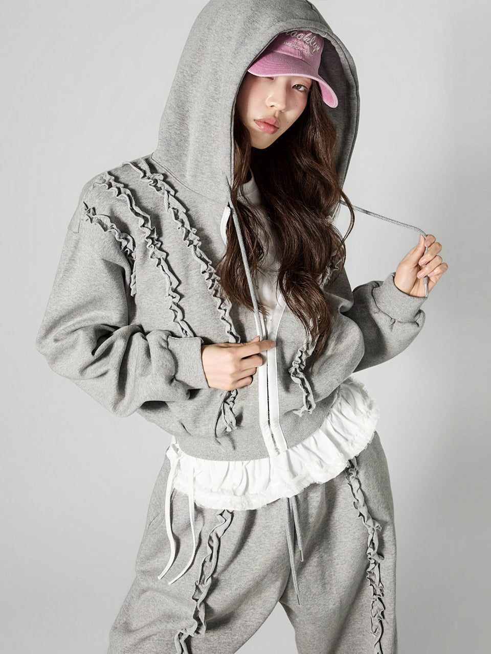 J3156 Frill Hooded Zip-Up