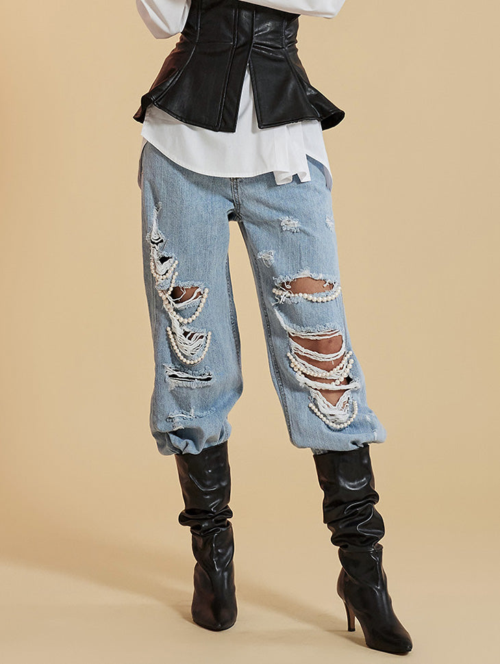 PJ492 ワイドレッグリップドパールジーンズ