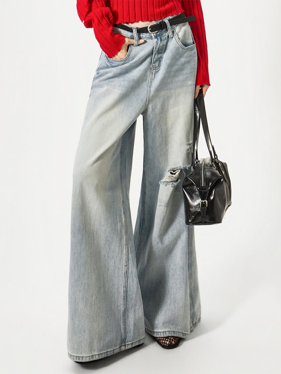 PJ638 ダメージ ウォッシュ ワイドジーンズ