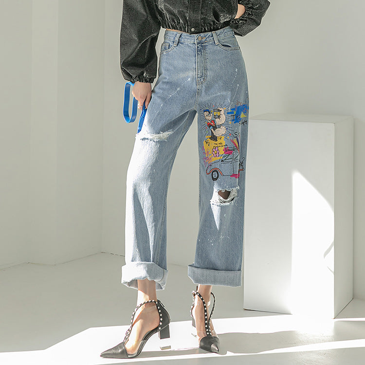 PJ431 ヴィンテージプリントワイドジーンズ