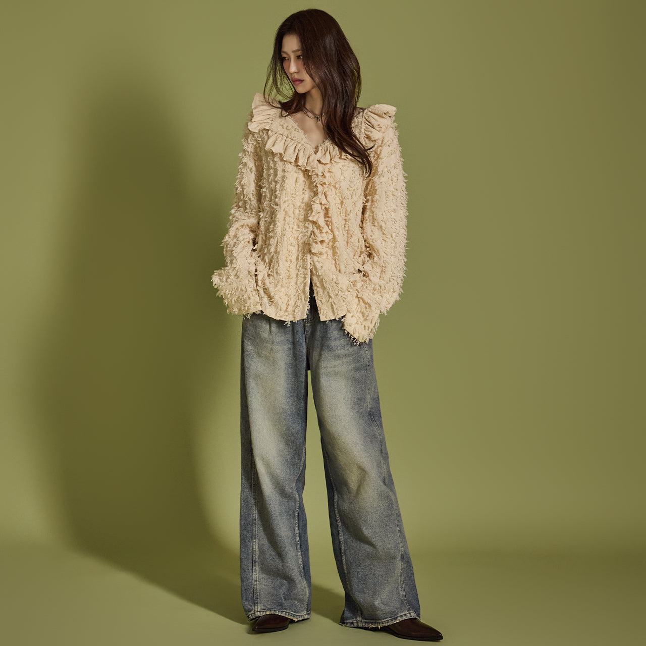 PJ541 褶裥宽牛仔裤