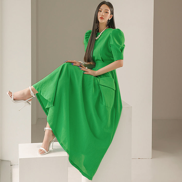 D4470 灯笼袖口袋连衣裙