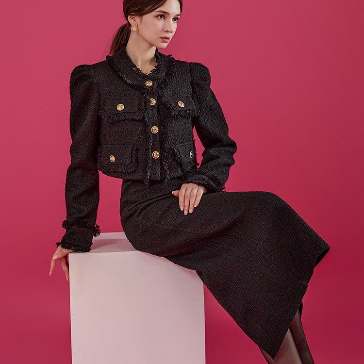 D4797 ツイードフリンジスカート ツーピース