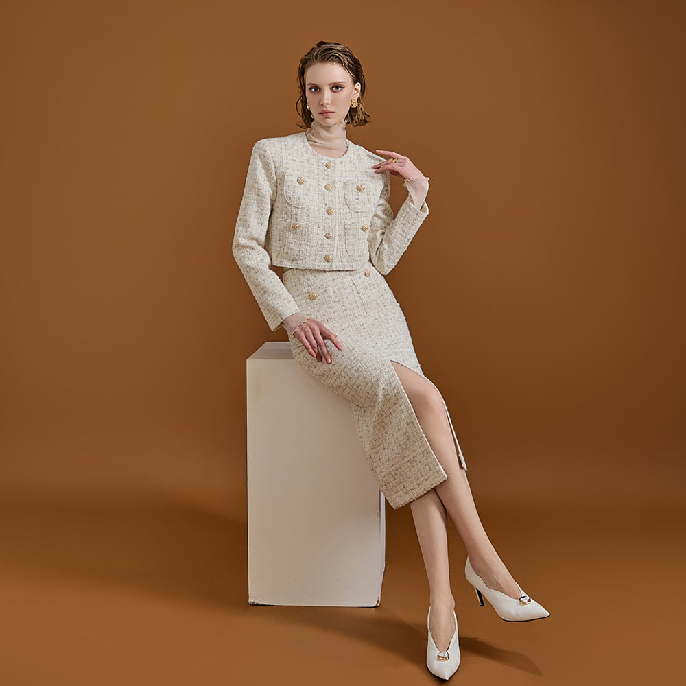 D4809 粗花呢金扣两件套