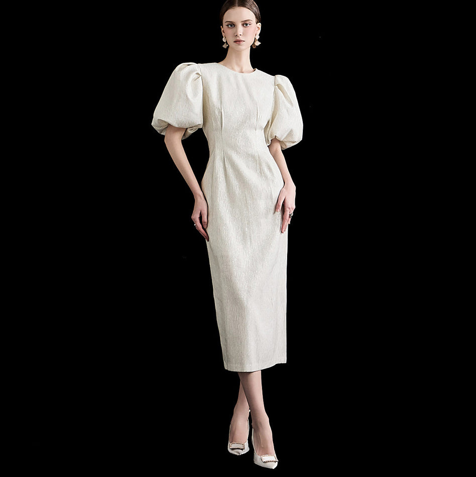 D4854 亮面泡泡袖连衣裙