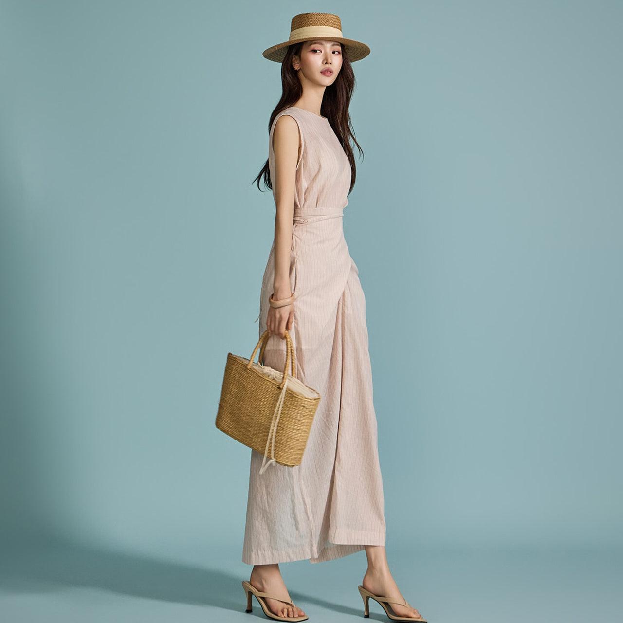 D5053 亚麻扭纹细节连衣裙