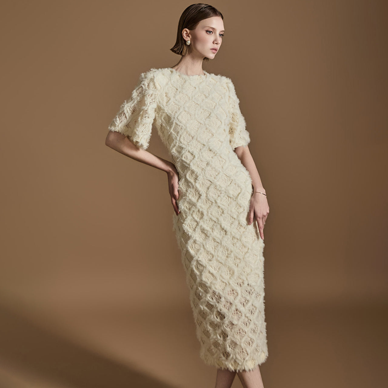 D5145 毛皮蕾丝连衣裙
