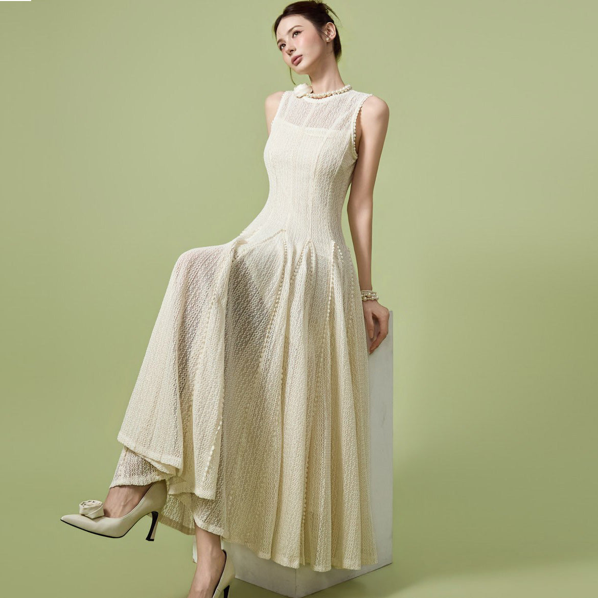 D5589 Sheer Lace Flare Dress