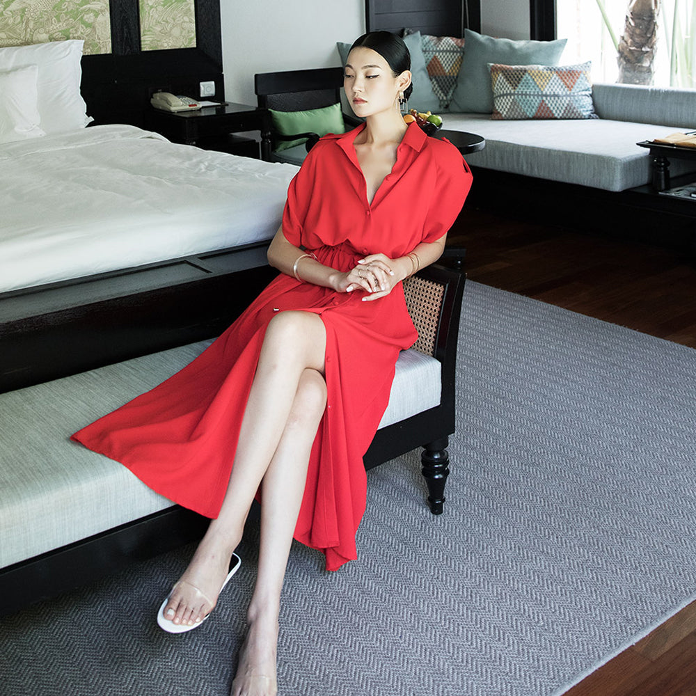 D3849 String Button Long Dress