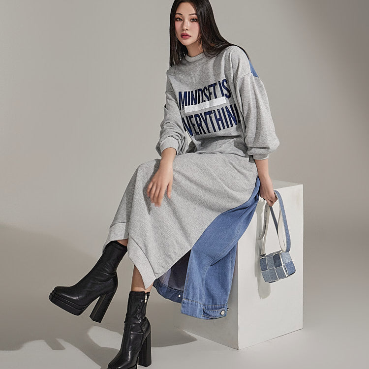 D4904 レタリングバックデニムロングワンピース