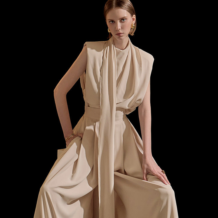 B9080 Drape Sleeveless Pad Scarf Blouse