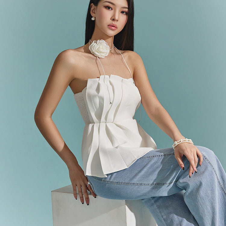 B2844 褶裥郁金香抹胸衬衫