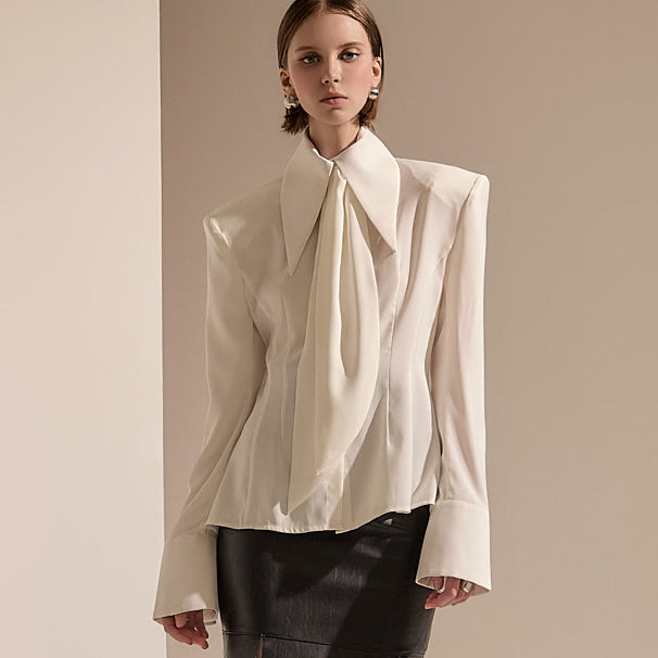 B9139 Button Shoulder Pad Blouse(Scarf Set)