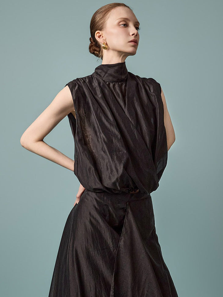 B3216 High-Neck Draped Blouse