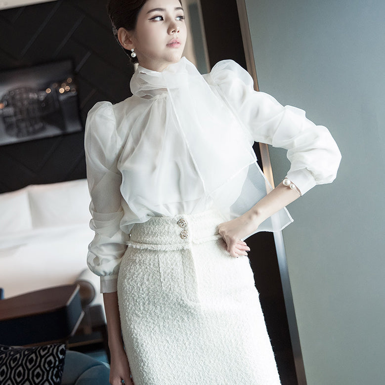 B2497 パフスリーブオーガンザスカーフブラウス