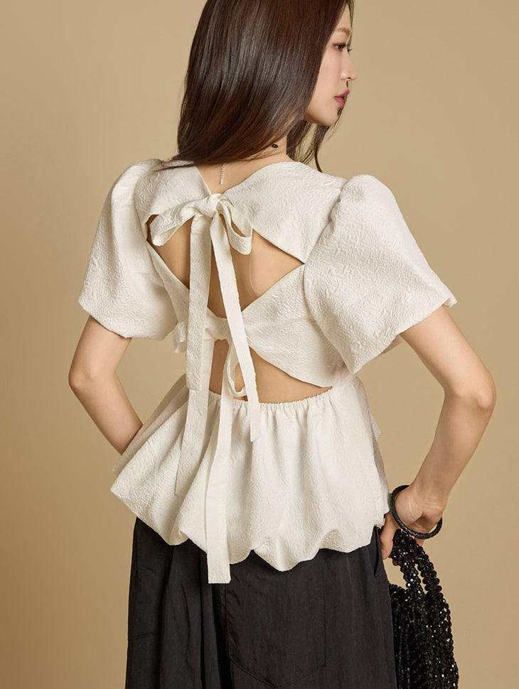 B3082 バックリボンパフスリーブブラウス