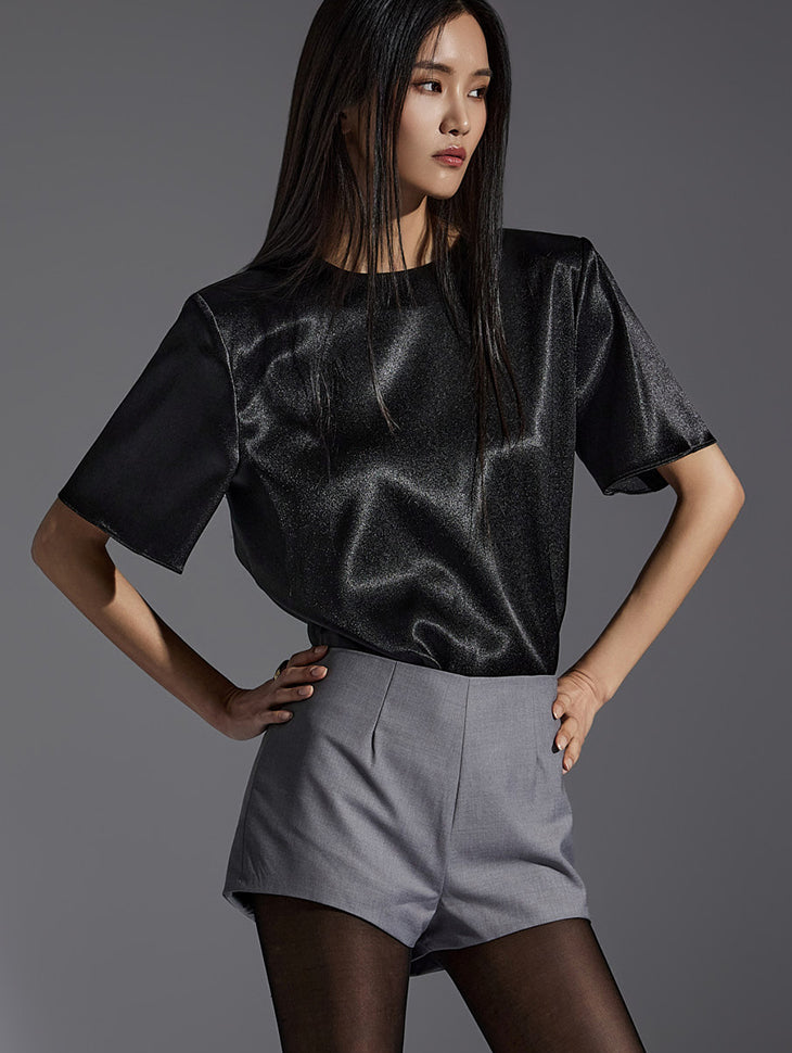 B9100 圆领垫肩短袖衬衫