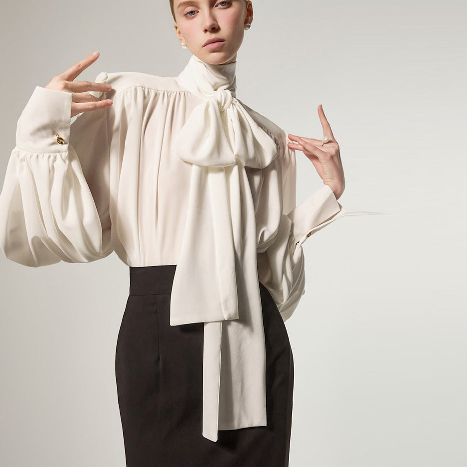 B9213 高领系带垂坠女衬衫