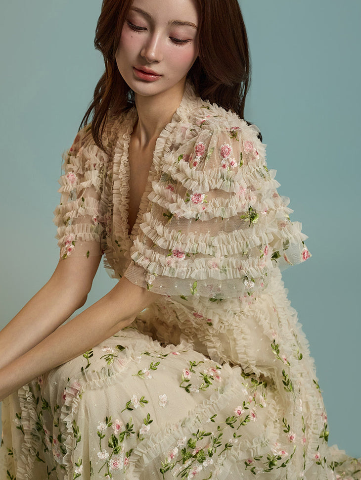 D4631 フラワーフリルチュールドレス