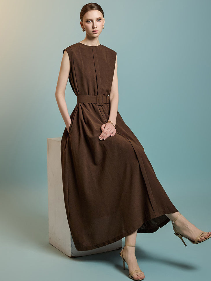 D5275 ベルト付きノースリーブドレス