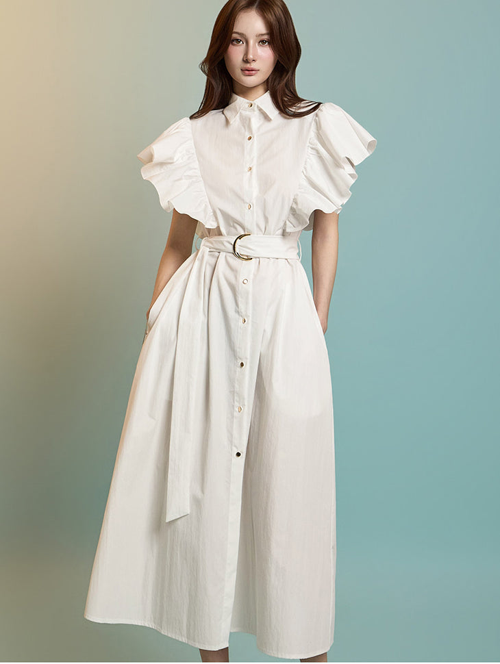 D5281 荷叶边袖连衣裙(配腰带)