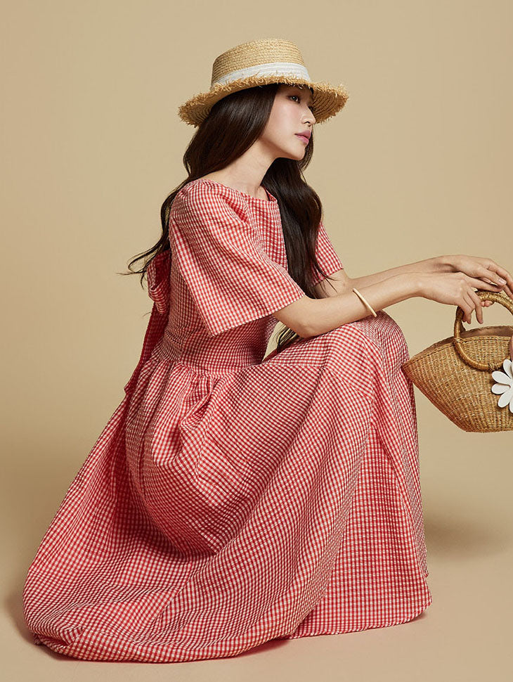 D5306 格子褶皱连衣裙