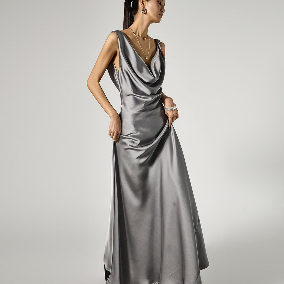 D5467 Cowl Neck Satin Dress