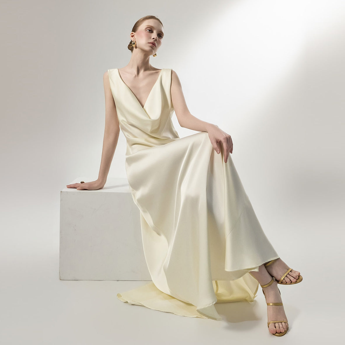 D5467 Cowl Neck Satin Dress