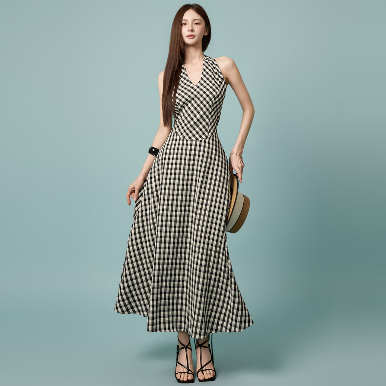 D5627 Check Halter Dress