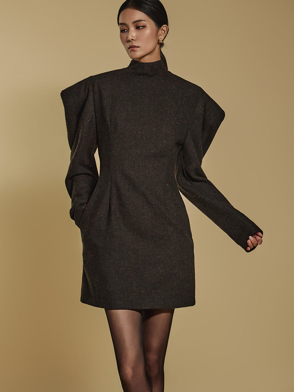 D9314 Herringbone Wool Mini Dress