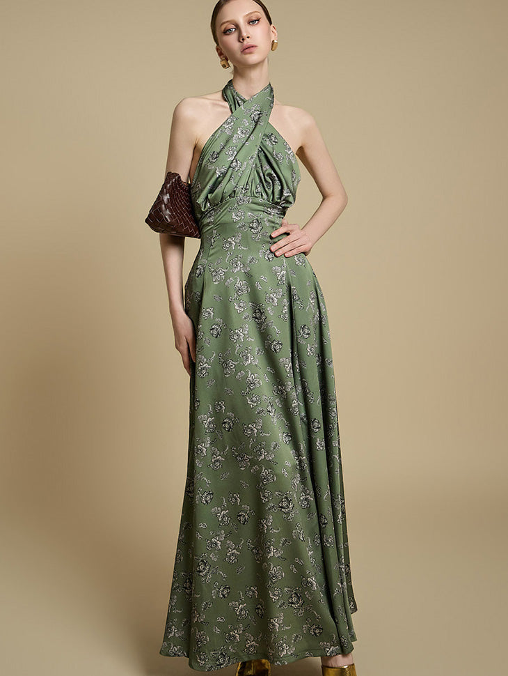 D9542 挂脖花朵连衣裙