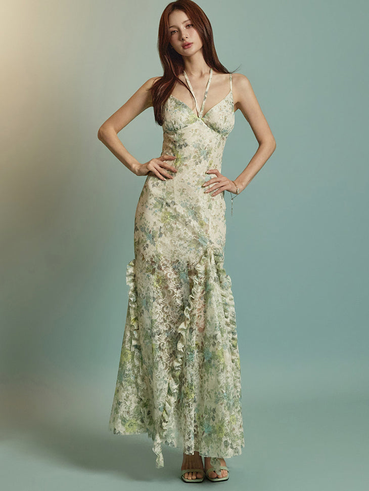 D9549 花卉荷叶边连衣裙