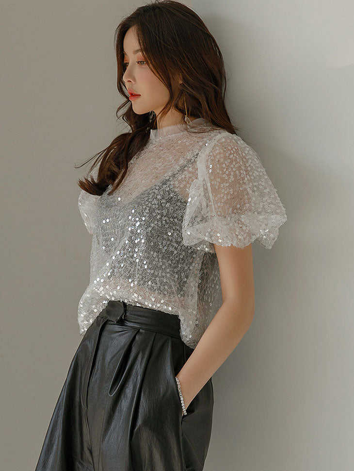 E2676 亮片透视上衣