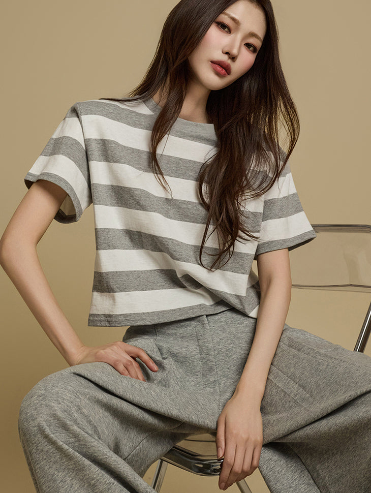E3764 条纹垫肩T恤