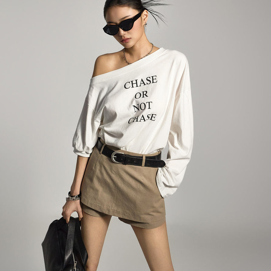 E3797 アシンメトリーオフショルダーTシャツ