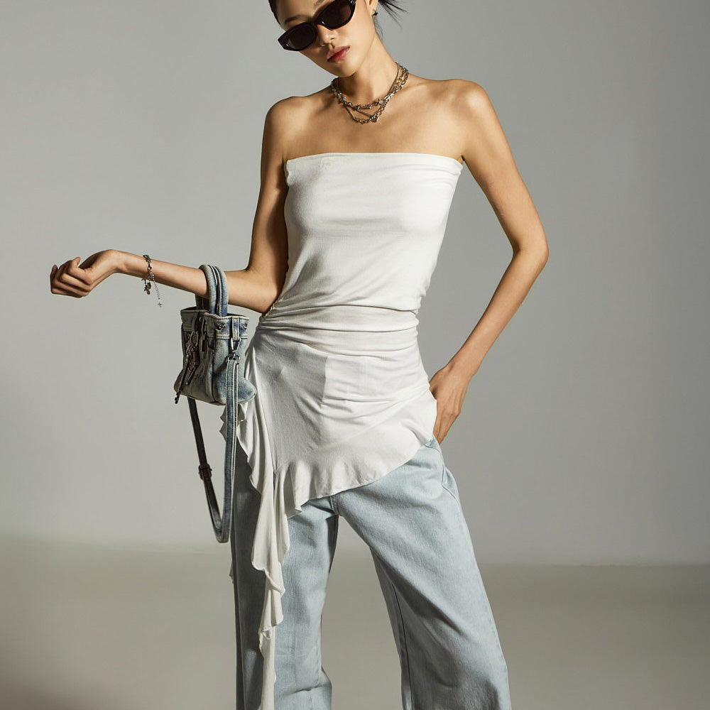 E3857 不对称荷叶边抹胸