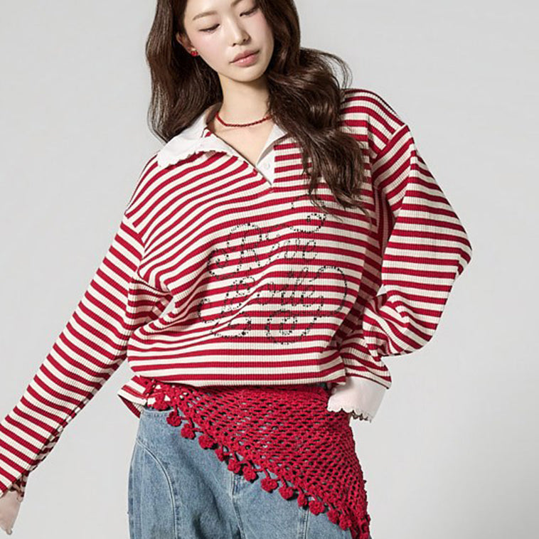 E4159 ストライプ柄襟付きトップス