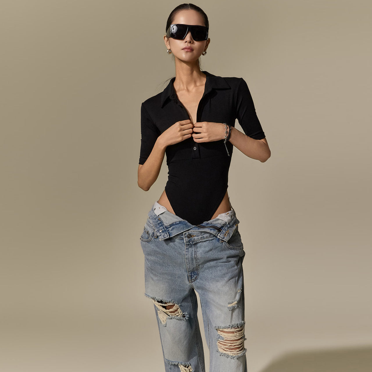 E4338 Henley Neck Bodysuit Top