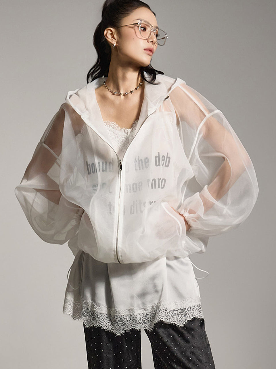 J2784 Sheer Hooded Zip-Up Jacket