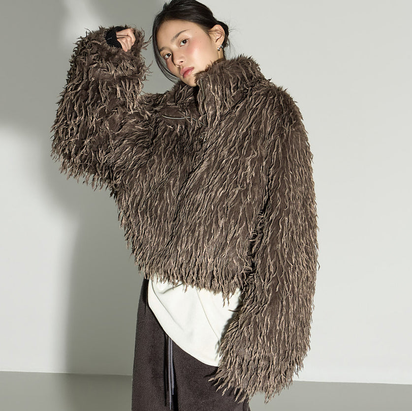 J3052 Fur Zip-Up Short Jacket