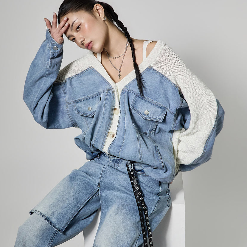 J3101 Denim Mix Cardigan