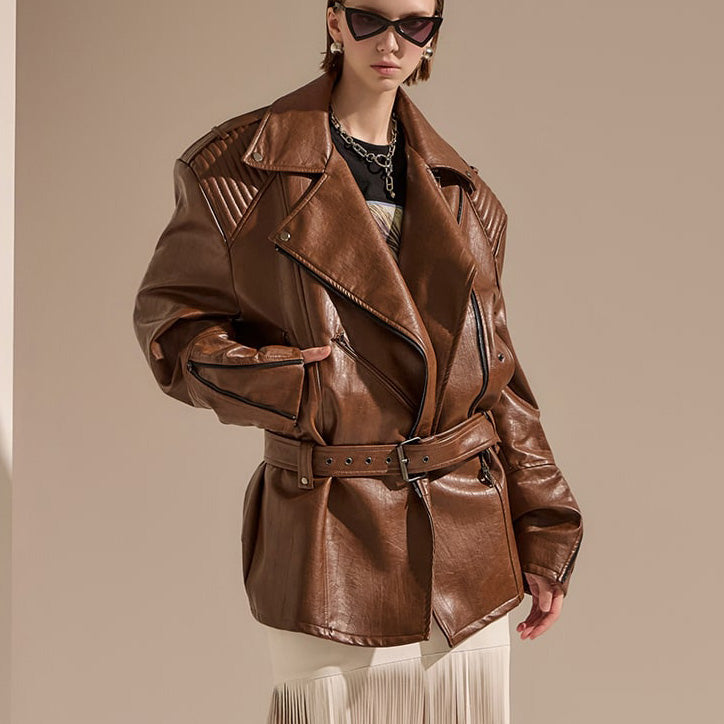 MBDJ018 ハイネックショルダーピンタックレザーライダースジャケット(ベルトセット)