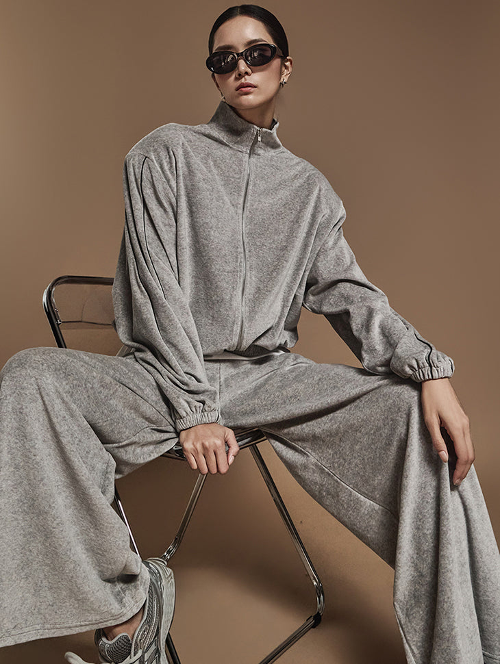 J2445 ベロアテーピングディテールジップスウェットシャツ