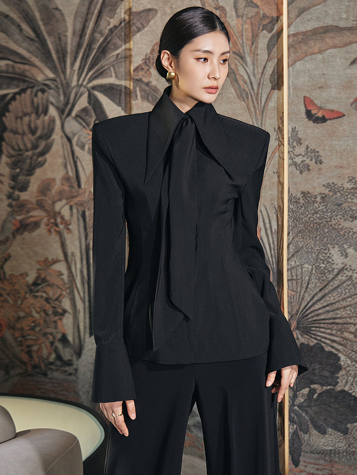 B9139 Button Shoulder Pad Blouse(Scarf Set)