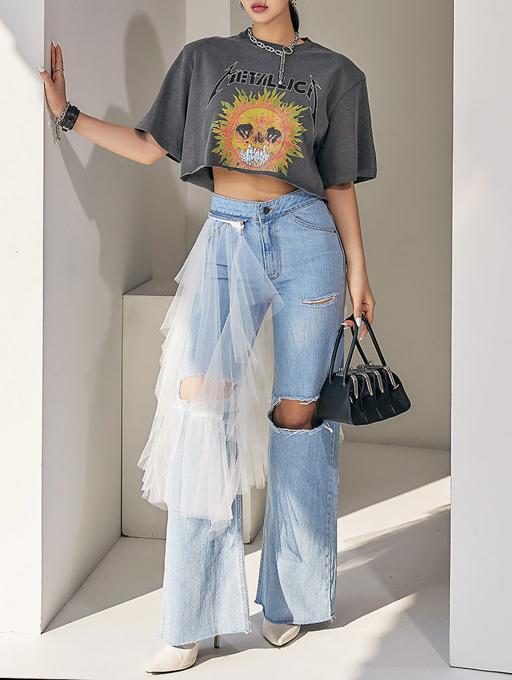 PJ450 セミワイドジーンズ(チュール取り外し可能)